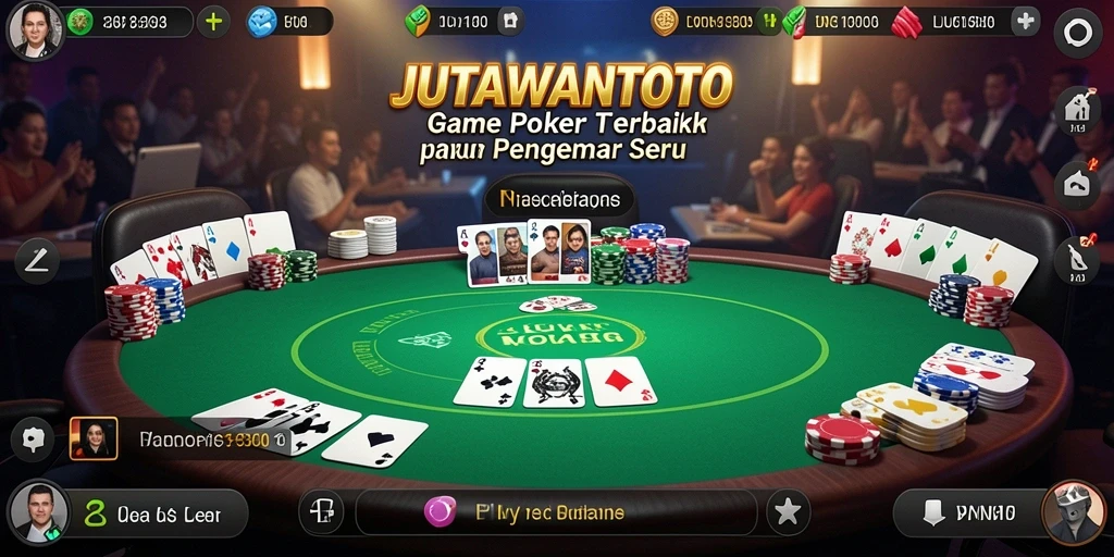 Screenshot permainan JUTAWANTOTO menunjukkan tindakan seru dalam permainan Poker.