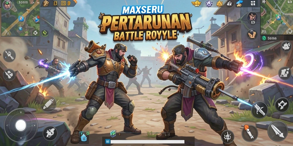 Tangkapan layar gameplay MAXSERU dengan aksi pertarungan Battle Royale yang intens.